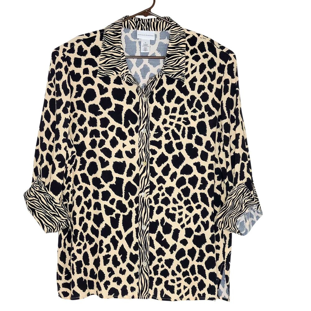 Alfred Dunner Women Top Black Beige Size XL  Animal Print Shirt